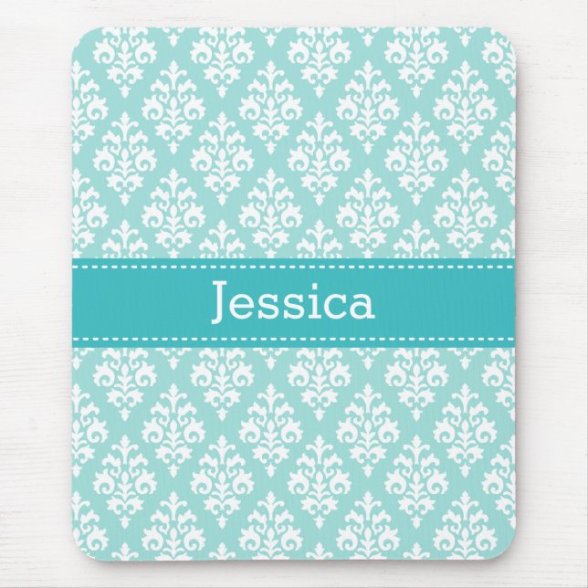 Pretty Turquoise Blue and Mint Damask Pattern Name Mouse Pad (Front)