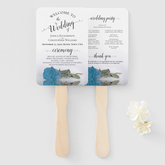 Pretty Turquoise Blue Rose Elegant Wedding Program Hand Fan (Front and Back)