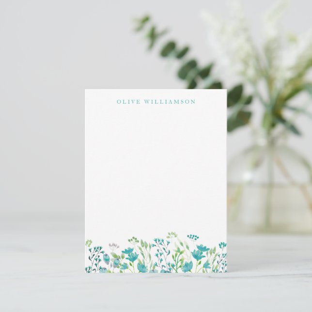 Pretty Turquoise Blue Watercolor Floral with Name Card (Standing Front)