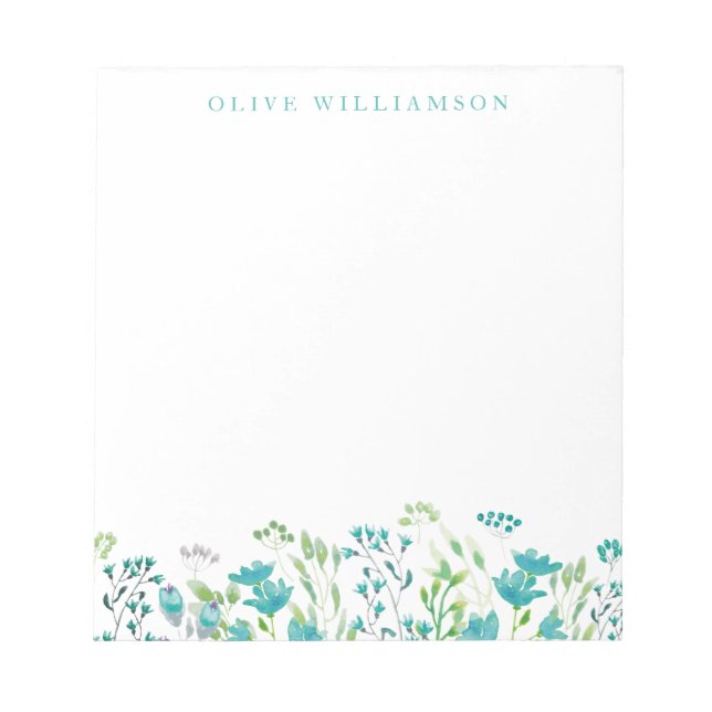 Pretty Turquoise Blue Watercolor Floral with Name  Notepad (Front)