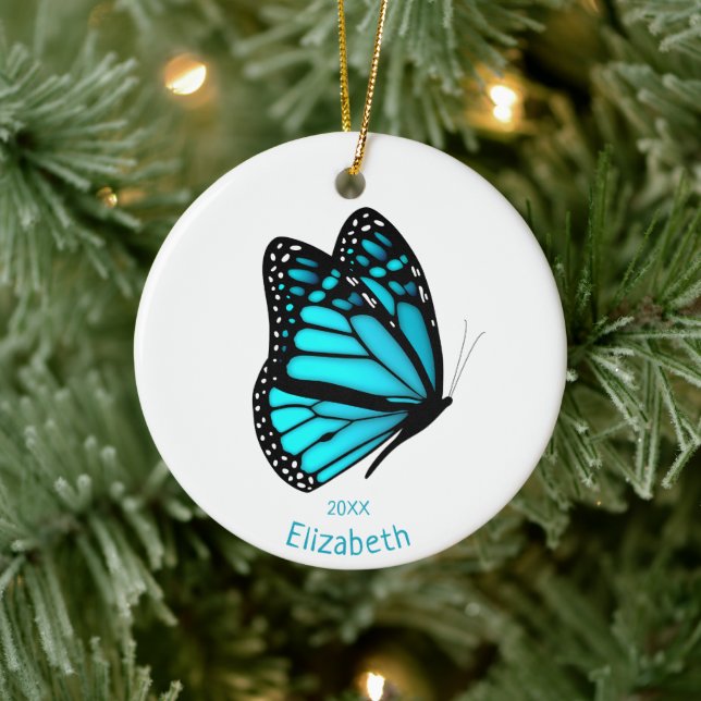 pretty turquoise butterfly in flight personalised ceramic ornament (Tree)