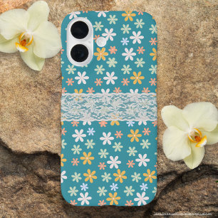 Pretty turquoise floral with white lace Girly cute iPhone 16 Case