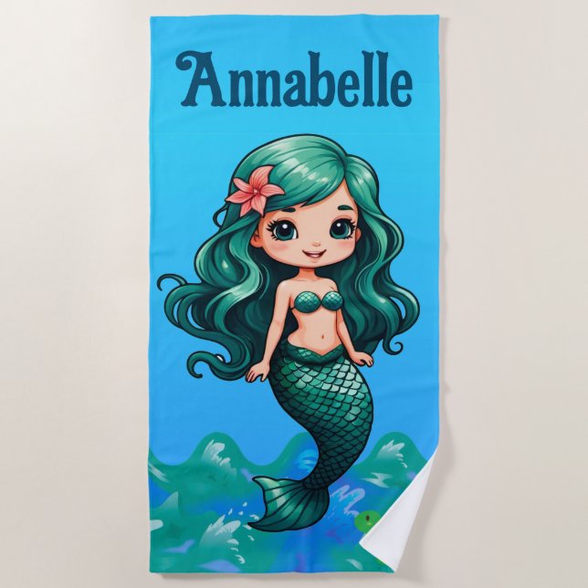 Pretty Turquoise-haired Mermaid Personalise Beach Towel (Front)