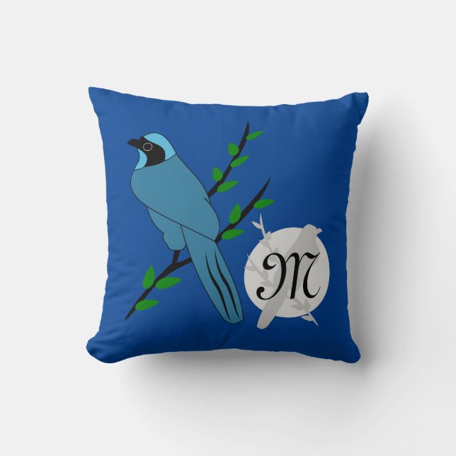 Pretty Turquoise Jay Bird Monogram Cushion (Front)