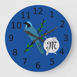 Pretty Turquoise Jay Bird Monogram Large Clock