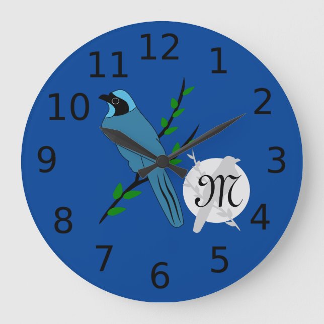 Pretty Turquoise Jay Bird Monogram Large Clock (Front)