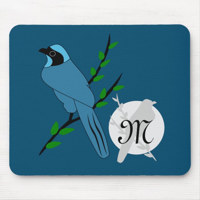 Pretty Turquoise Jay Bird Monogram Mouse Pad (Front)