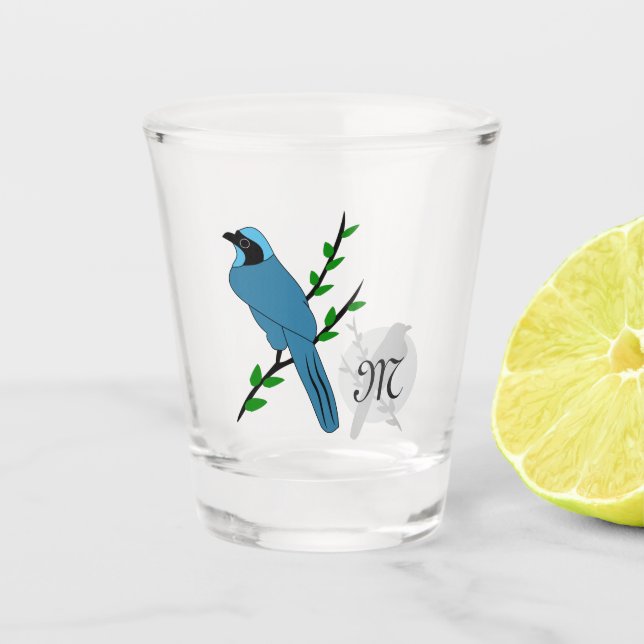 Pretty Turquoise Jay Bird Monogram Shot Glass (Front)