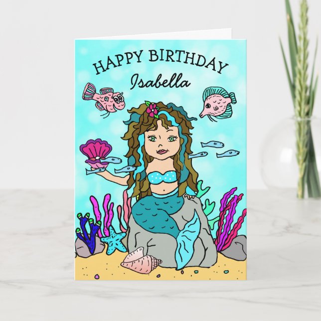 Pretty Turquoise Mermaid Happy Birthday Card (Front)