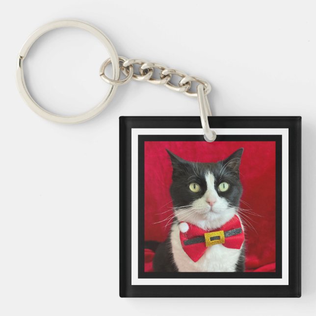 Pretty Tuxedo Cat Christmas  Key Ring (Front)