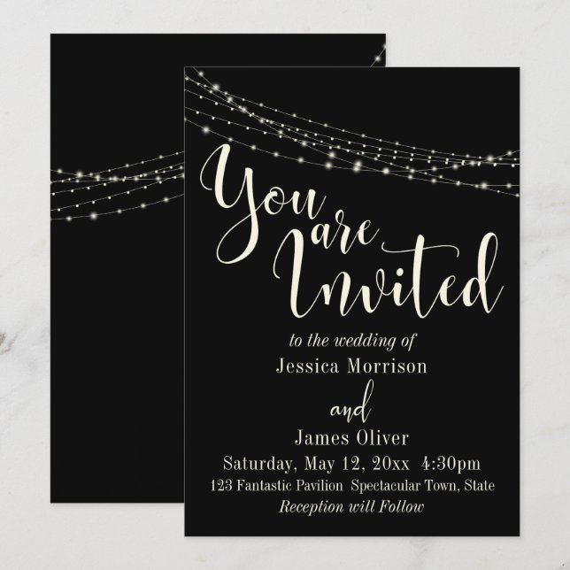 Pretty Typography on Black with Lights Wedding Invitation (Front/Back)
