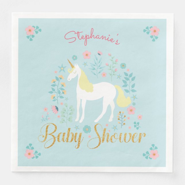 Pretty Unicorn Aqua Gold Glitter Baby Shower Napkin (Front)