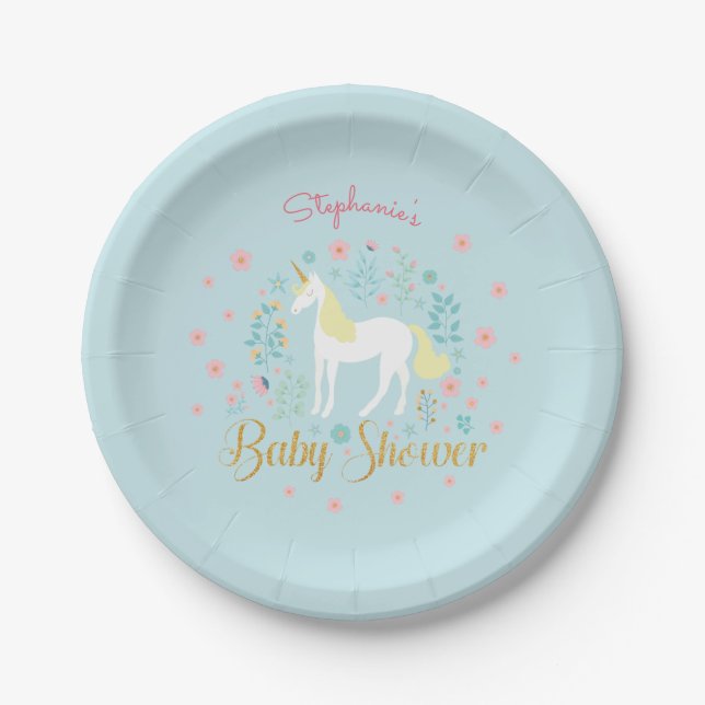 Pretty Unicorn Aqua Gold Glitter Baby Shower Paper Plate (Front)