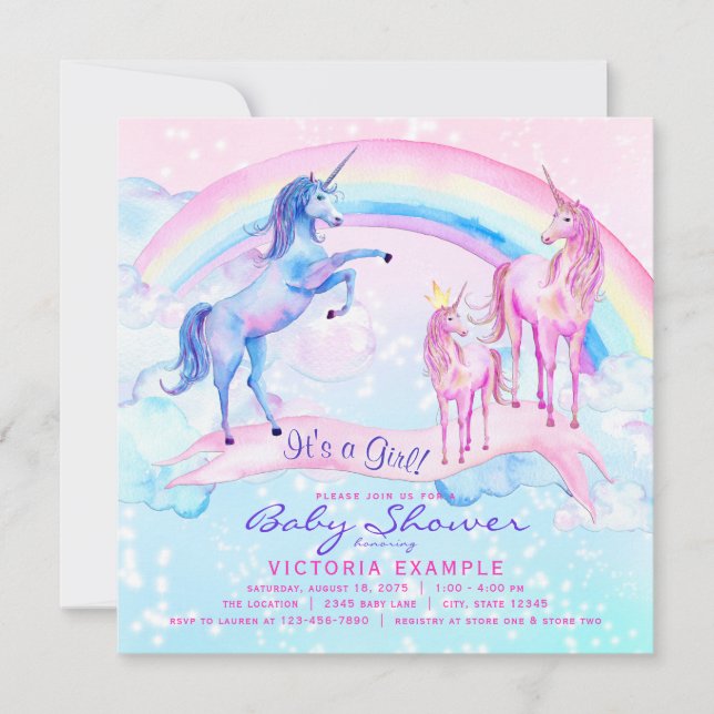 Pretty Unicorn Baby Shower Invitations (Front)