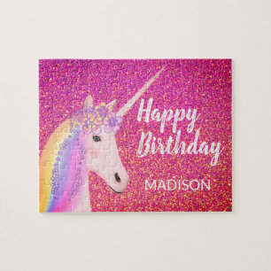 Pretty Unicorn Birthday Pink Glitter Personalised Jigsaw Puzzle