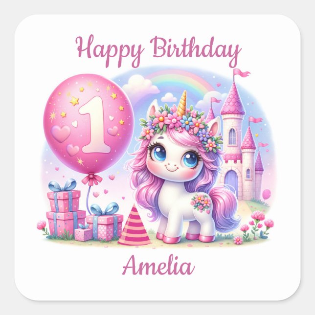 Pretty Unicorn First Birthday Square Sticker (Front)