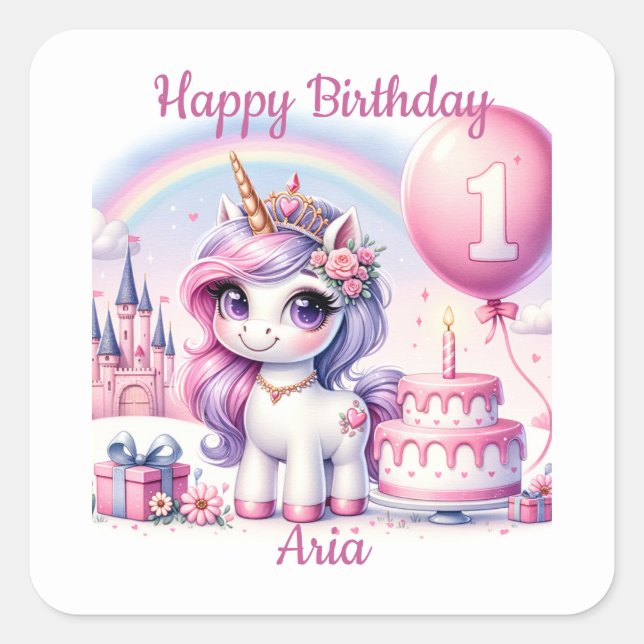 Pretty Unicorn First Birthday with Birthday Cake Square Sticker (Front)