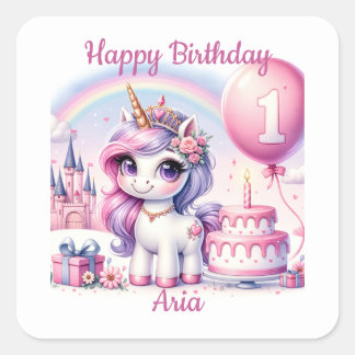 Pretty Unicorn First Birthday with Birthday Cake Square Sticker