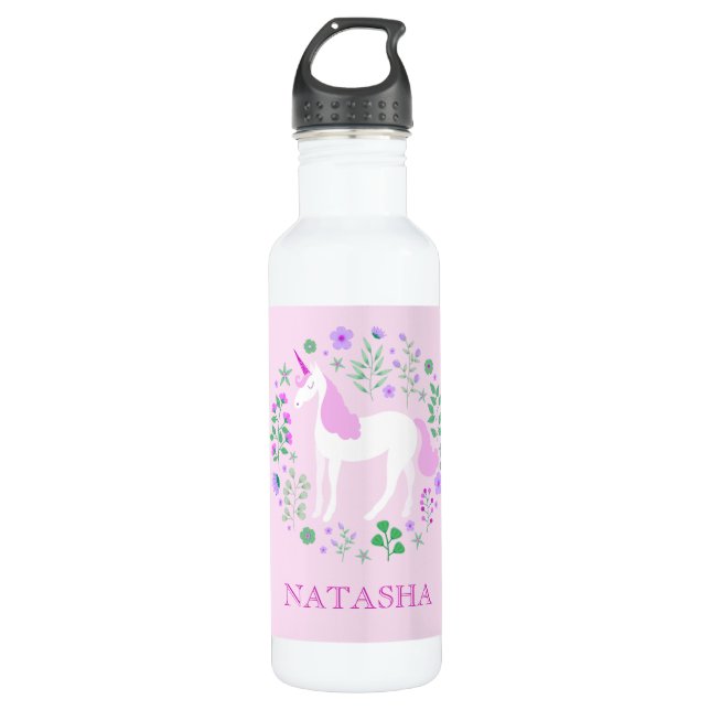 Pretty Unicorn Floral Pink Personalised 710 Ml Water Bottle (Front)