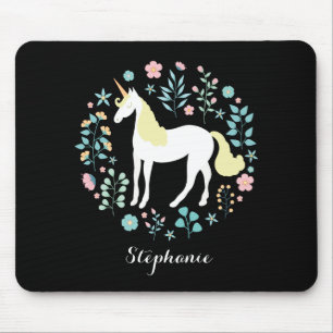 Pretty Unicorn & Flowers Black Personalised Mouse Pad