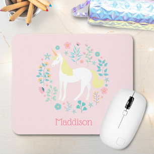 Pretty Unicorn & Flowers Blush Pink Personalised Mouse Pad