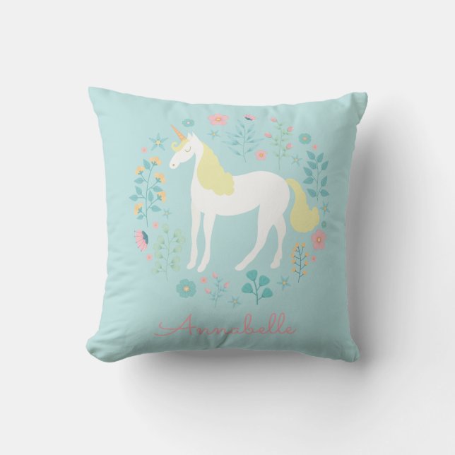 Pretty Unicorn & Flowers Personalised Aqua Cushion (Front)