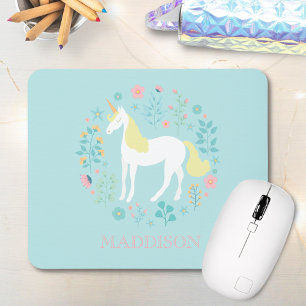 Pretty Unicorn & Flowers Personalised Mouse Pad