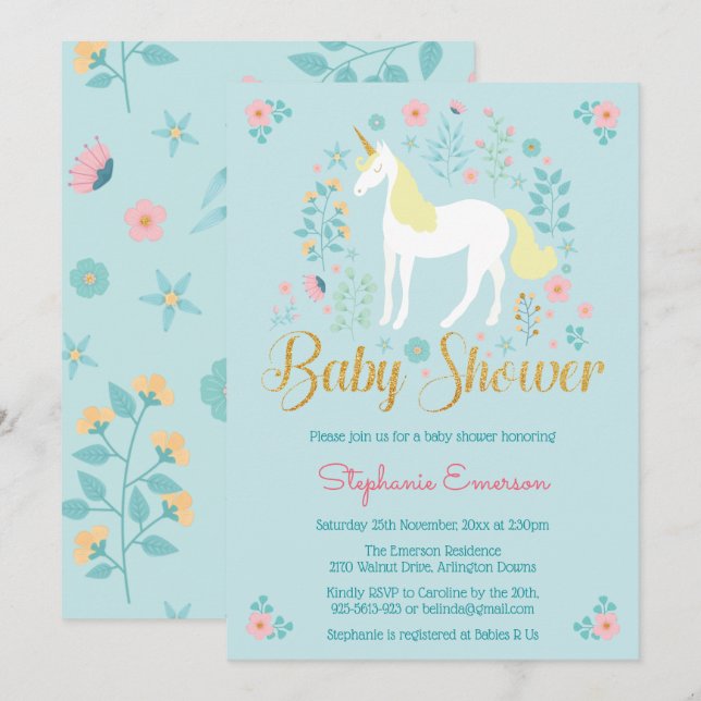 Pretty Unicorn Gold Glitter Baby Shower Invitation (Front/Back)