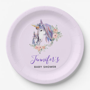 Pretty Unicorn Mum & baby Watercolor Baby Shower Paper Plate