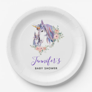 Pretty Unicorn Mum & baby Watercolor Baby Shower Paper Plate