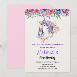 Pretty Unicorn Mum & baby Watercolor Birthday Invitation