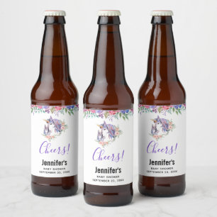 Pretty Unicorn Mum & Baby Watercolor Floral Cheers Beer Bottle Label