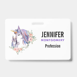 Pretty Unicorn Mum & Baby Watercolor Floral ID Badge