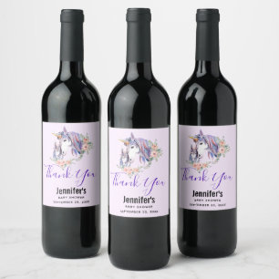 Pretty Unicorn Mum & Baby Watercolor Floral Thanks Wine Label