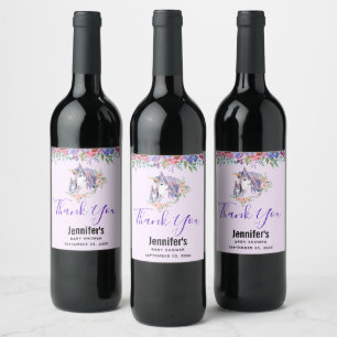 Pretty Unicorn Mum & Baby Watercolor Floral Thanks Wine Label