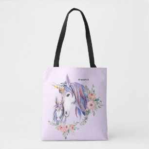 Pretty Unicorn Mum & Baby Watercolor Floral Tote Bag