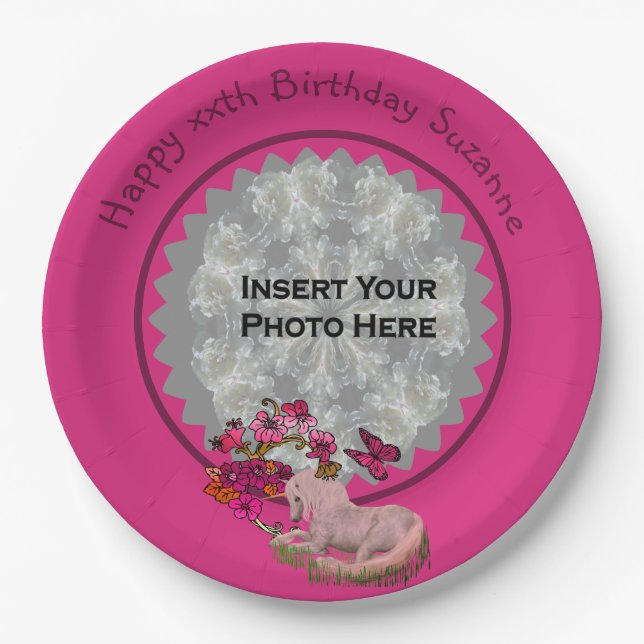 Pretty Unicorn Personalised Photo Birthday Party Paper Plate (Front)