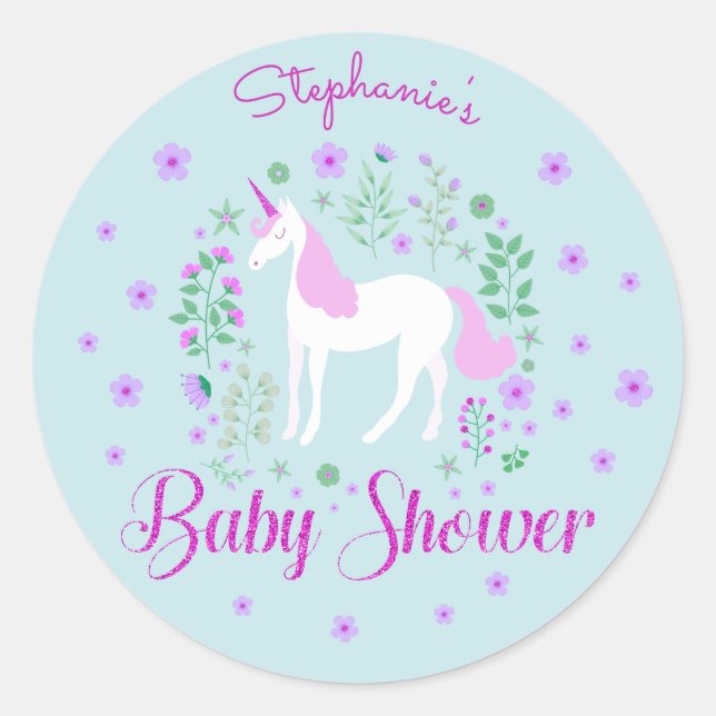 Pretty Unicorn Pink Aqua Baby Shower Personalised Classic Round Sticker (Front)