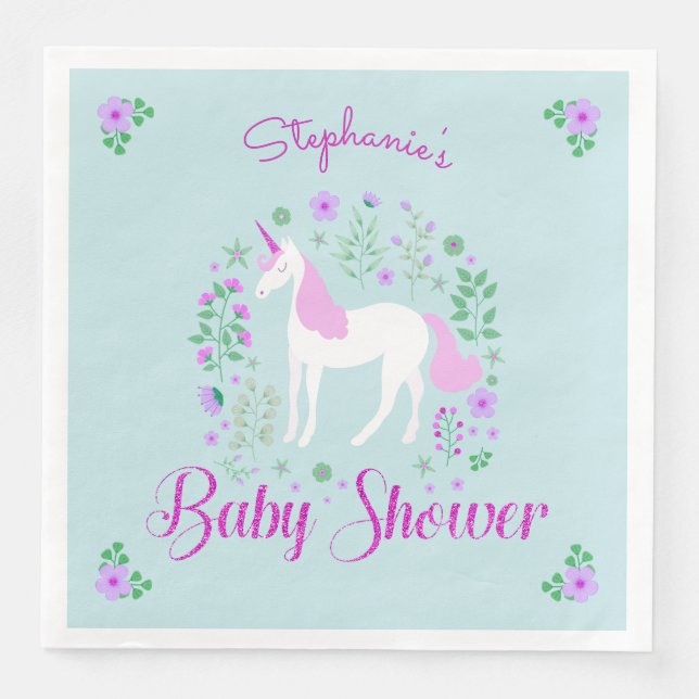 Pretty Unicorn Pink Aqua Baby Shower Personalised Napkin (Front)