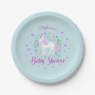 Pretty Unicorn Pink Aqua Baby Shower Personalised Paper Plate