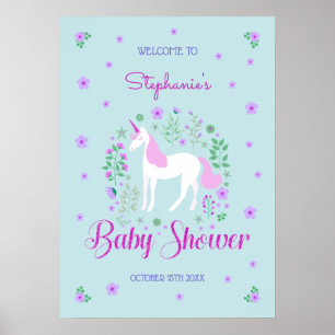 Pretty Unicorn Pink Aqua Baby Shower Personalised Poster