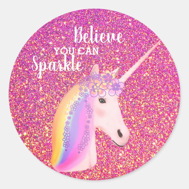 Pretty Unicorn Pink Glitter Inspirational Quote Classic Round Sticker (Front)