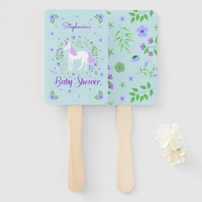 Pretty Unicorn Purple Aqua Baby Shower Hand Fan (Front and Back)