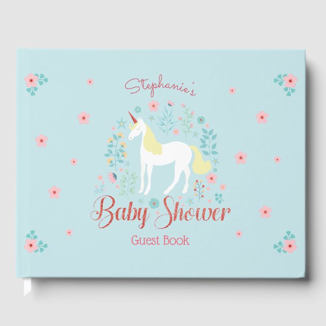 Pretty Unicorn Rose Gold Glitter Baby Shower Guest Book (Front)