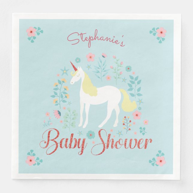 Pretty Unicorn Rose Gold Glitter Baby Shower Napkin (Front)