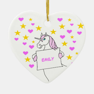 Pretty Unicorn with Stars and Hearts Ceramic Ornament