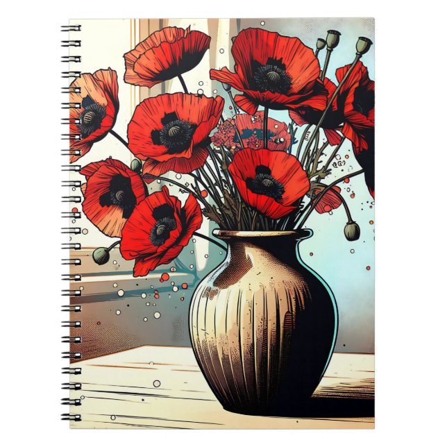 Pretty Vase of Red Poppies ai art Notebook (Front)
