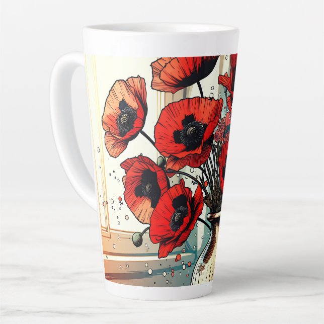 Pretty Vase of Red Poppies Latte Mug (Left Angle)