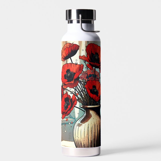 Pretty Vase of Red Poppies Water Bottle (Left)