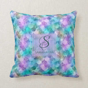 Pretty Vibrant Faux Glitter Mermaid Mix Monogram Cushion